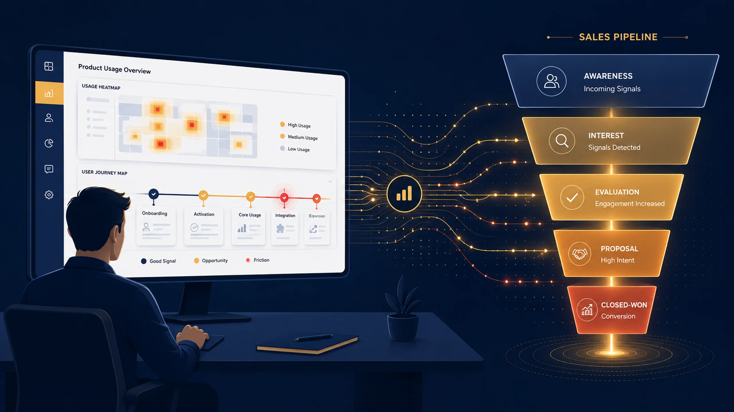 Diagram showing how product usage signals from a SaaS dashboard inform product-led sales outreach and improve B2B conversion rates