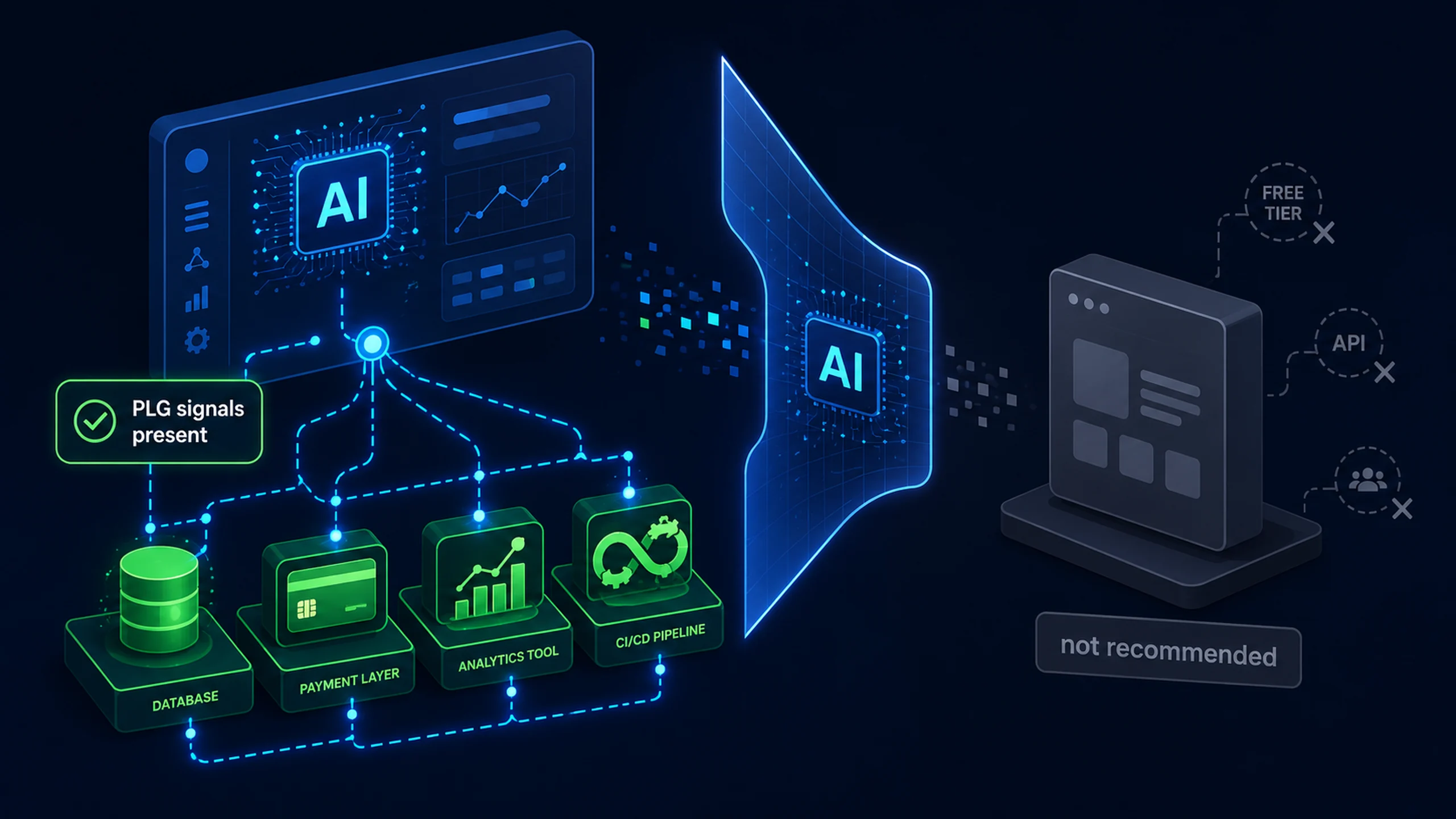 Diagram showing how AI selects software tools based on product-led growth signals including free tier access, documentation, and API integrations