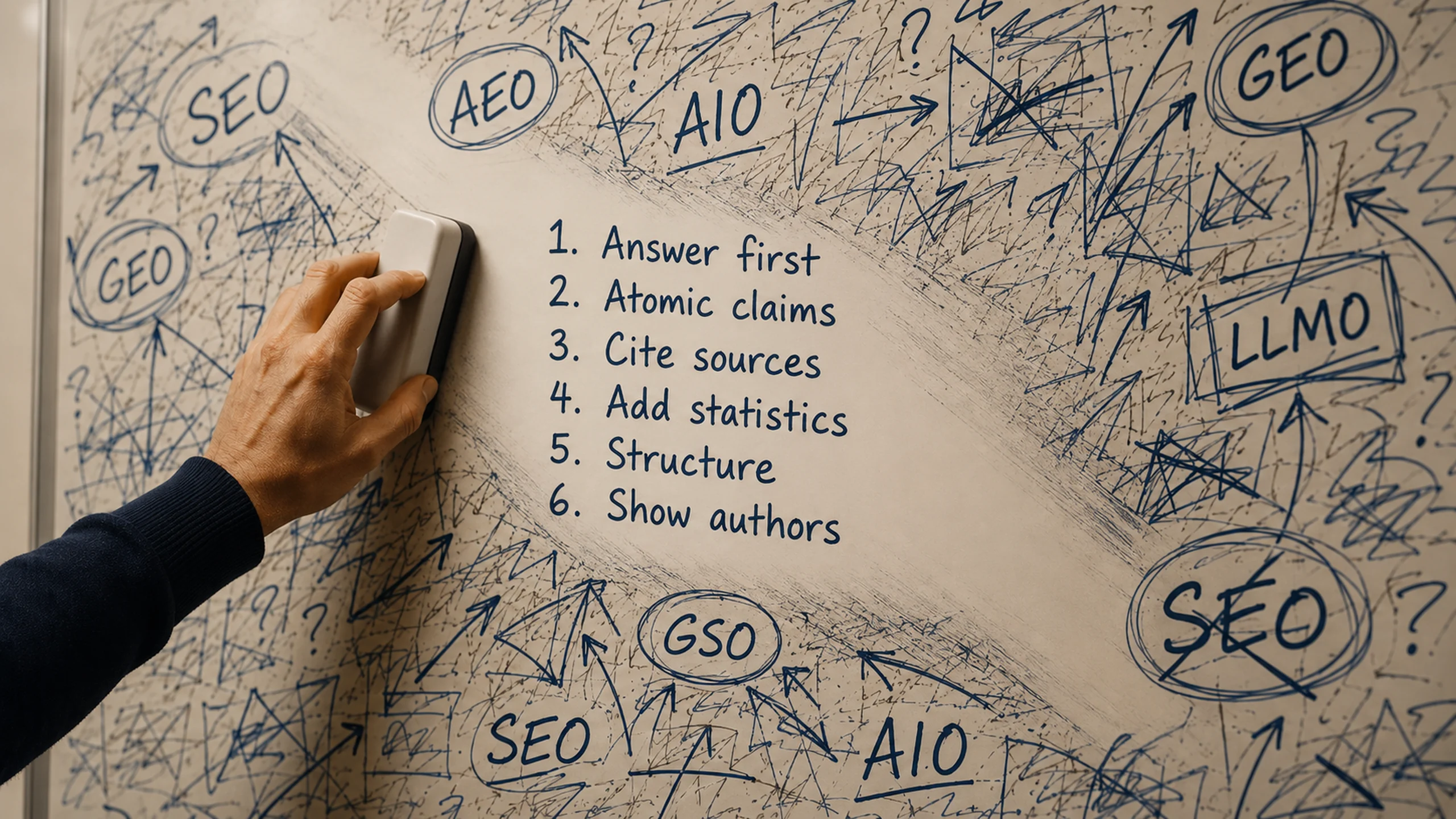 A hand wipes clean a chaotic whiteboard covered in SEO, AEO, GEO, and AIO acronyms, revealing a numbered list of six operator moves underneath